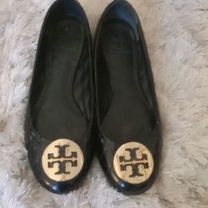 Tory Burch black patent quilted Quinn flats